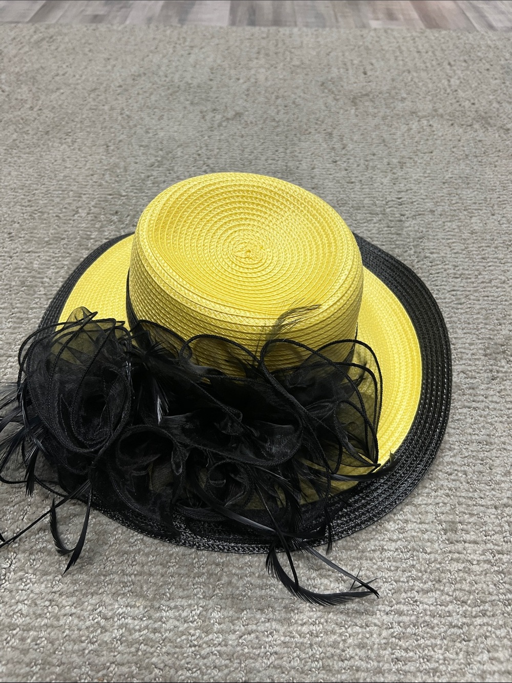 August Hats Yellow Straw Hat with Black Trim and Floral Accent